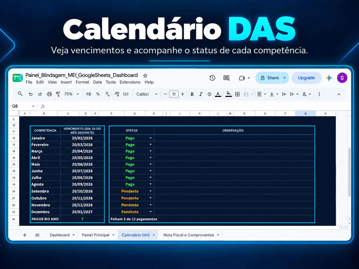 Calendário DAS do Painel Blindagem MEI